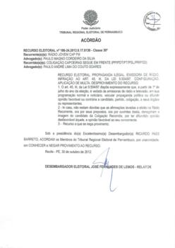 Recurso Eleitoral nº 0000186-24.2012.6.17.0130 - Capoeiras - PE