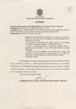 Embargos de Declaração em Recurso Eleitoral nº 0000003-92.2016.6.17.0007 - Recife - PE