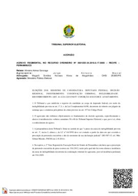 Agravo Regimental no Recurso Ordinário N° 0601255-34.2018.6.17.0000 – Recife – PE