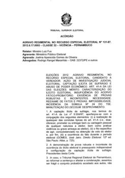 Agravo Regimental no Recurso Especial Eleitoral n° 0000131-87.2012.6.17.0093 - Vicência – PE