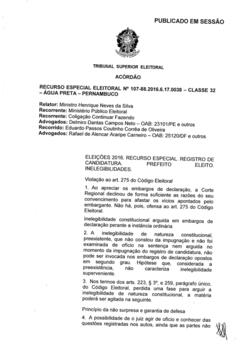 Recurso Especial Eleitoral nº 0000107-88.2016.6.17.0038 - Água Preta - PE